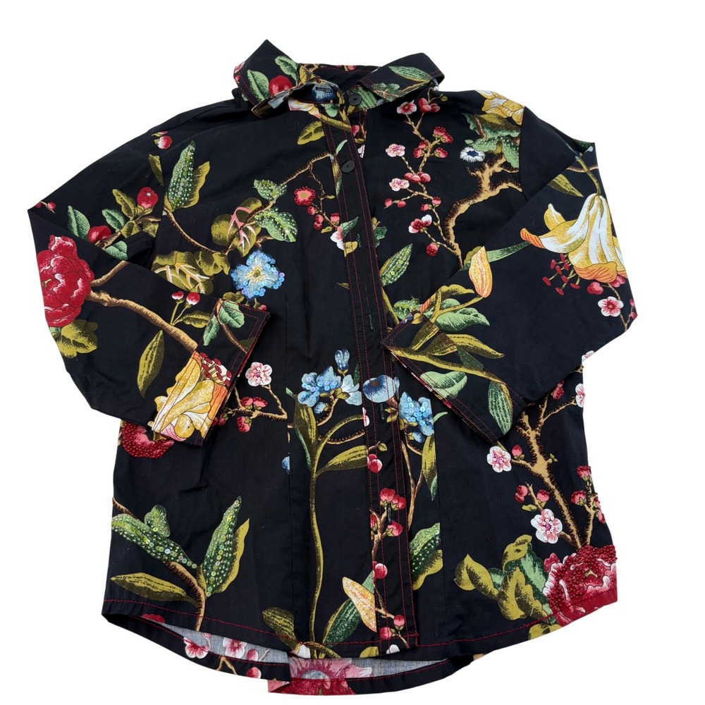 Havenbleu Black Floral Botanical Button Down Shirt Red Contrast Stitch Small